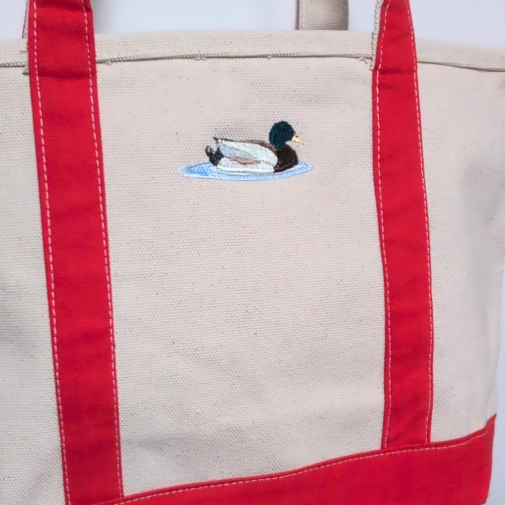 Canvas Tote Bag with Duck Embroidery - Red and Cream